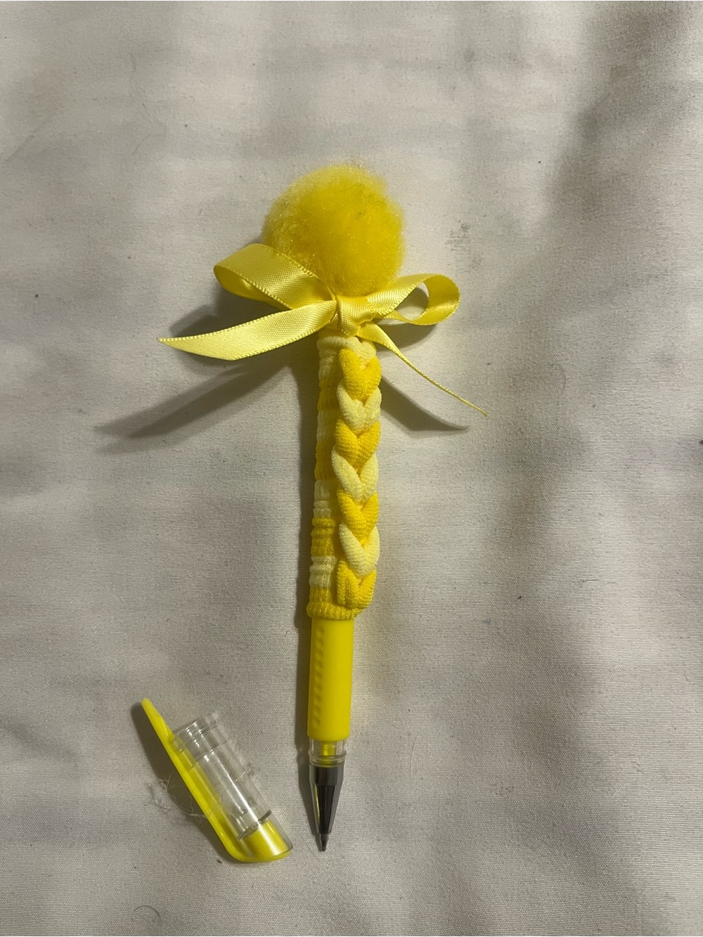 Yellow Braided Kids Headband with Pom Pom and Ribbon Accent - Picture 2 of 3